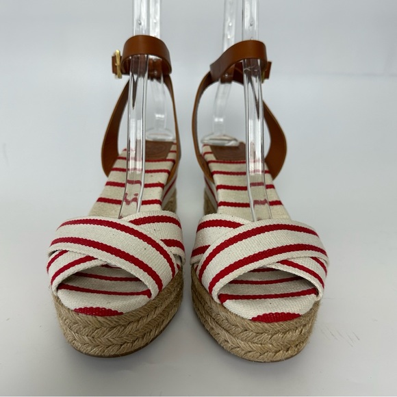 TORY BURCH Sandals Karissa Red White Stripe Espadrille Ankle Strap Wedge Boho